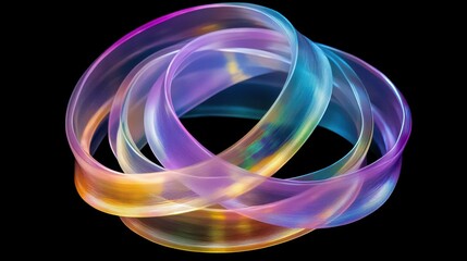 Poster - abstract swirling transparent ribbons with holographic effect on black background.