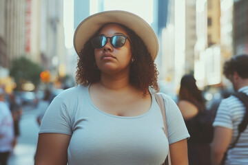 Wall Mural - woman wearing a hat and sunglasses stands in a busy city street. She is looking at the camera with a serious expression