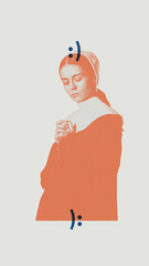 modestly dressed woman, medieval nun in headscarf, eyes closed in serene expression, with minimal or
