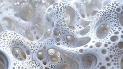 Poster - intricate 3d render of porous white organic structure with rounded cavities, abstract background.