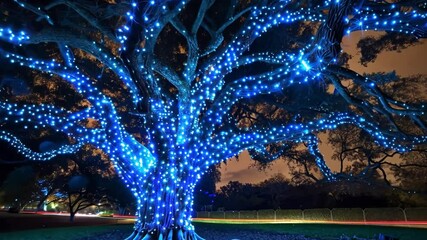 Aufkleber - A magnificent tree stands tall in a park, adorned with dazzling blue lights. This enchanting display creates a serene nighttime atmosphere, perfect for evening strolls.