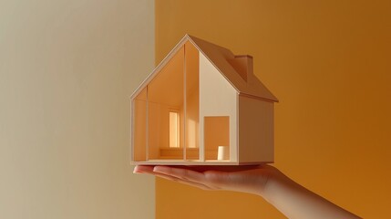 A woman's hand holds a small house model.