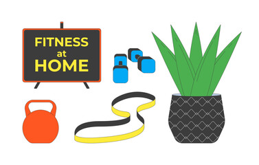 Canvas Print - Fitness at home accessories 2D cartoon objects set. Kettlebell, resistance band, dumbbells, houseplant isolated elements flat vector cliparts on white background. Spot illustrations collection