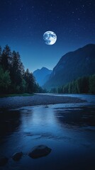  Starry Night Mountain Landscape with Full Moon Over Serene River in Forest, Blue Night Sky Settings for Tranquil Ambiance, Ideal for Nature Lovers and Inspirational Backgrounds, Generative AI