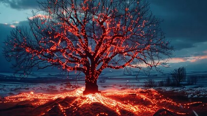 Aufkleber - A towering tree stands against a twilight sky, its branches adorned with glowing lights. Red embers radiate from the base, creating a mesmerizing contrast against the serene landscape.