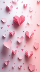 Poster - Soft pastel hues blend beautifully as pink paper hearts float gently across an ethereal backdrop, capturing the essence of love and creativity in a charming design