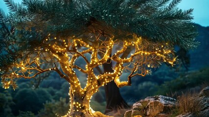 Aufkleber - A stunning tree adorned with warm lights stands majestically in a tranquil natural setting during twilight. The gentle glow highlights the intricate branches and roots against the fading light.