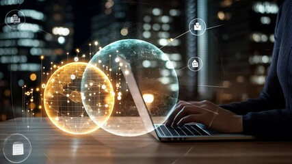 Poster - A person interacts with a glowing digital globe while using a laptop at night, surrounded by city lights in the background
