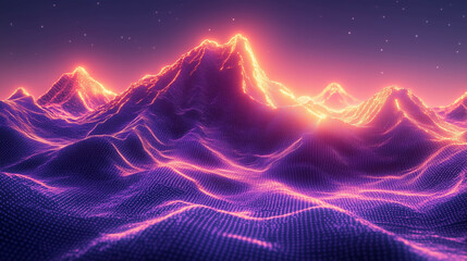 Wall Mural - digital waves in the form of mountains with a mesh texture, shimmering with bright colors, create th