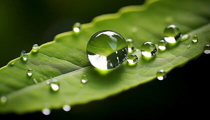 Wall Mural - water drops on green leaf
