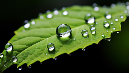 Wall Mural - water drops on green leaf