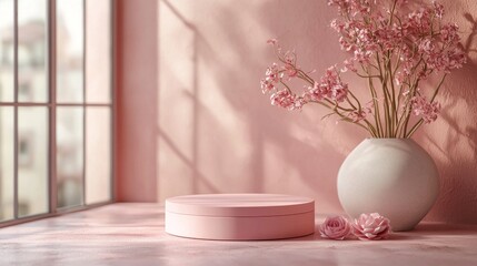 Aufkleber - A charming pink podium rests on a sunlit surface, complemented by a graceful vase of soft flowers nearby. This tranquil setting offers a perfect backdrop for showcasing products or creativity