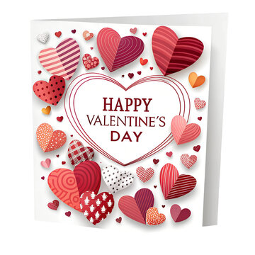   Happy valentines day greeting card with hearts on white background. Printable template  PNG transparent. 