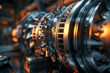 Poster - Close up of a jet engine showcasing its intricate components and powerful rotation, symbolizing advanced technology and aviation