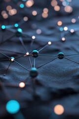 Poster - A vibrant network of interconnecting nodes and lines glows in blue and green tones against a dark background. This modern visual representation showcases connectivity and support