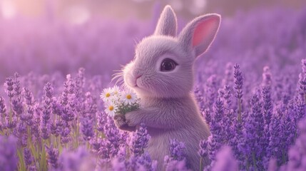 A cute rabbit holding flowers.