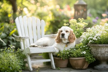 a dog resting in a sunny patch of grass, eyes half-closed, enjoying the warmth of the day in a seren