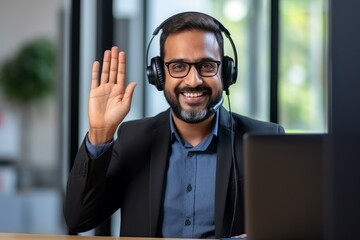 Poster - Smiling businessman waving hand while having video conference using headset and laptop in office