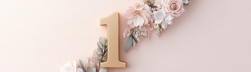 Poster - Glowing golden number one radiates charm, encircled by delicate pastel roses, daisies, and greenery against a smooth light canvas, perfect for parties or invitations
