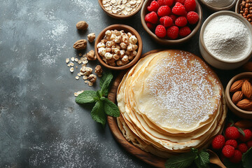 Delicate pancakes powdered with sugar, nestled on rustic wood with fresh raspberries, scattered nuts, oat flakes copy space