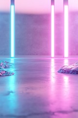 Poster - Glowing neon grid lights in blue and purple tones stretch toward the horizon, reflecting off a sleek metallic surface with a subtle gradient background, ideal for retro-futuristic designs