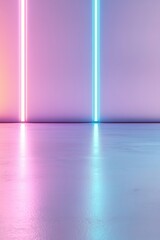 Poster - A neon grid filled with blue and purple shades stretches toward the horizon, casting reflections on a smooth metallic surface