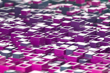 Wall Mural - Vibrant abstract geometric shapes with pink and purple cubes for modern art design. 3d render