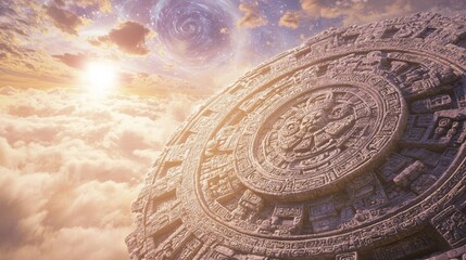 Wall Mural - Celestial Fusion: Mayan Sun Stone meets Medieval Star Maps in Ultra-Detailed Cinematic Image