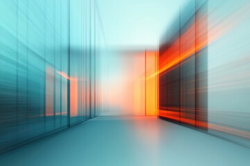 Abstract futuristic office corridor, motion blur, glowing walls, modern architecture, website banner