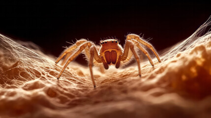 A creative macro shot of a spider weaving its intricate web, capturing the fine silk threads and the