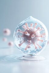 Poster - A glowing virus is encapsulated within a clear droplet of liquid, surrounded by soft glowing particles, set against a clean gradient background transitioning from white to light blue