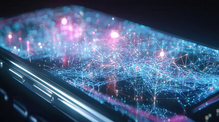 Wall Mural - glowing 3D digital network emerges from smartphone, symbolizing data connectivity and futuristic technology