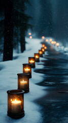 Wall Mural - Line of Lit Lanterns on Snowy Path in Winter Forest