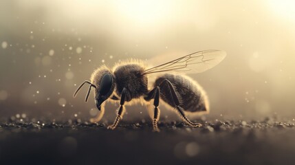 Wall Mural - Close-up of a honeybee on a surface, backlit by golden sunlight.