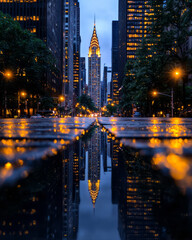 Aufkleber - a city street at dusk, where architectural lights highlight everyday urban charm --ar 4:5 --quality