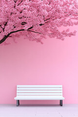 Wall Mural - A solitary bench under a blooming tree in a quiet park, inviting peaceful reflection