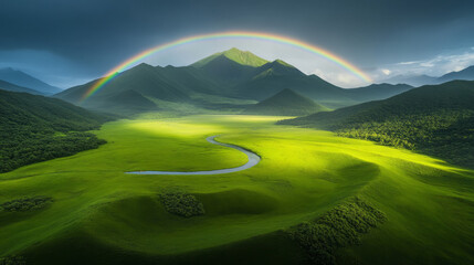 Wall Mural - A rainbow appearing over a green valley just after rain, emphasizing the ephemeral wonders around us