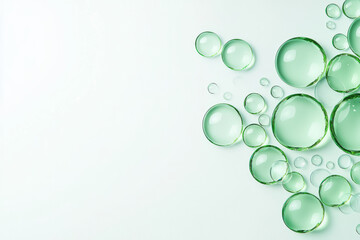 Poster - A soft-focus shot capturing transparent green bubbles floating freely in front of a white space