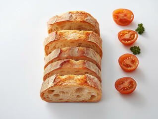 The slices of baguette bread on a white background. Food photography.