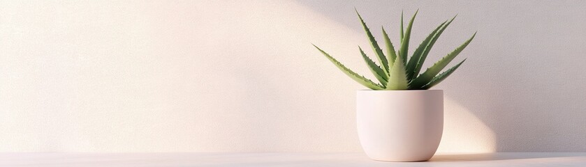 Poster - Aloe vera plant showcased in a stylish white pot against a neutral backdrop, illuminated softly and casting gentle shadows, providing an inviting and clean design for branding