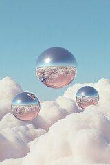 Poster - A minimalistic composition where various silver orbs float amid gentle white clouds against a subdue
