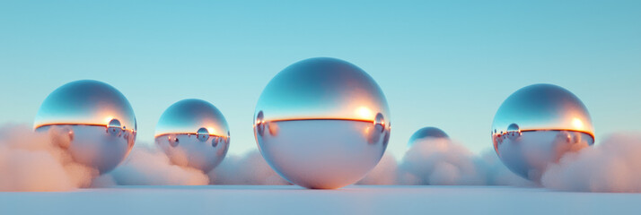 Poster - A balanced layout of metallic spheres surrounded by softly rolling clouds, set on a refined gray sta