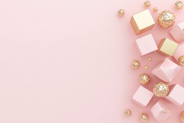 Poster - Dynamic arrangement of glossy geometric shapes including cubes, spheres, and pyramids in pink and gold colors set against a neutral pastel background provides a chic aesthetic ideal for branding