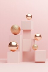 Poster - Geometric shapes including cubes and spheres are stylishly arranged in glossy pink and metallic gold. The design features ample clean space for text and emphasizes minimalist aesthetics