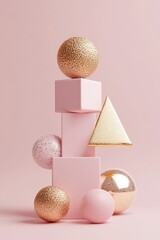 Poster - Glossy pink and metallic gold geometric shapes like cubes, spheres, and pyramids are arranged dynamically against a soft pastel pink backdrop, offering a stylish and modern look for design projects