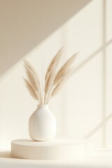 Poster - Pampas grass arranged in a sleek ceramic vase sits elegantly on a matte white podium. The soothing pastel beige background enhances the modern and bohemian aesthetic, emphasizing tranquility