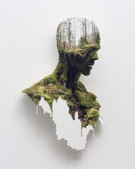 Aufkleber - A contemporary artwork featuring a mossy figureâ€™s torso protruding from a minimal white block, rep