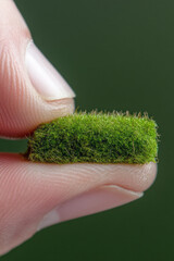 Aufkleber - A macro shot of fingers gently peeling back a section of moss, exposing a subtle beige backing and s