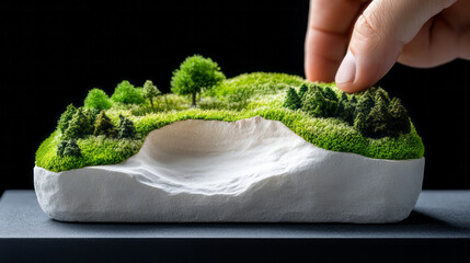 Aufkleber - A controlled reveal of a moss layer by a human hand, emphasizing the beige middle layer and the clea
