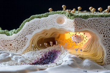 Poster - A highly detailed 3D cross-section of a synapse, clearly illustrating vesicles releasing neurotransm